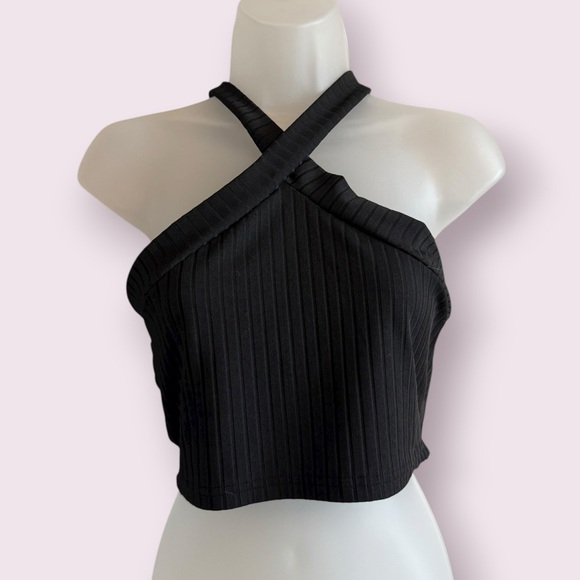 SHEIN Tops - SHEIN Black Ribbed Halter Crop Top Cross Neck Sleeveless Size L